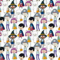 Wall Mural - seamless pattern with hand drawn characters, children in Halloween costumes