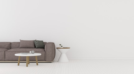 Poster - View of white living room in minimal style with sofa and small side table on laminate floor.Perspective of interior design. 3d rendering.	