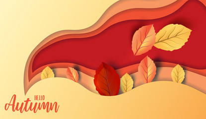 Wall Mural - Abstract colorful leaves decorated  background for  Hello Autumn advertising header or banner design. Horizontal paper cut art. Vector Illustration.