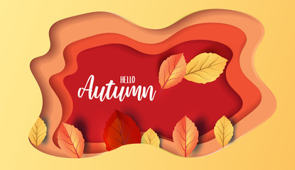 Wall Mural - Abstract colorful leaves decorated  background for  Hello Autumn advertising header or banner design. Horizontal paper cut art. Vector Illustration.