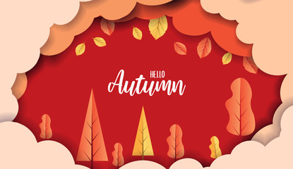 Sticker - Trees and leaves in the clouds and  Hello Autumn advertising header or banner design.  Paper cut and craft style background. Vector Illustration.