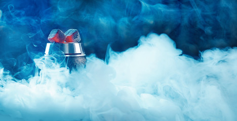 Banner Hookah or shisha bar, dark black smoke background