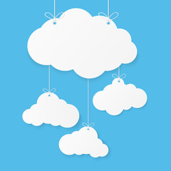 Poster - Paper art with cloud on blue sky background. Speech Bubble with white blank hanging. vector illustration