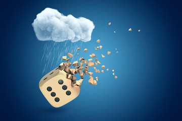 Poster - 3d rendering of white rainy cloud above golden casino dice shattering into small pieces on blue back