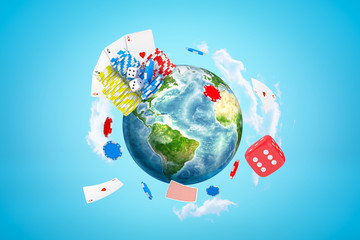 Poster - 3d rendering of small earth, stacks of chips, some aces and dice on its side, and more cards, chips 