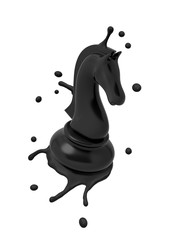 Poster - 3d close-up rendering of black melting chess knight isolated on white background, splashing drops of black around.