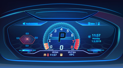 Neon sport car supercar dashboard with speedometer, modern automobile control panel design, vector illustration