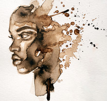 Beautiful African Woman Portrait In Watercolor With Splatter