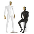Two guys mannequin with a golden face in a standing and sitting pose. 3d rendering