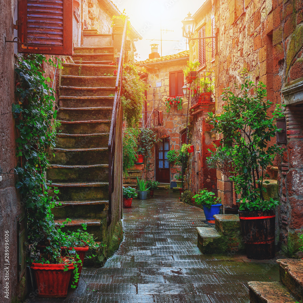 Beautiful alley in Tuscany, Old town, Italy - obrazy, fototapety, plakaty 