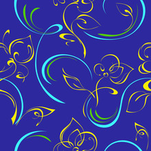 Seamless Pattern With Stylized Yellow Flowers And With Curls On A Blue Background
