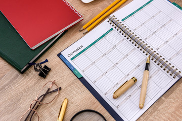 Poster - Opened and blank notepad on wooden table