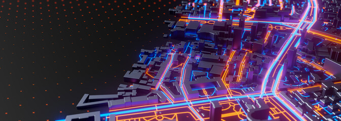 abstract 3d render of techno panorama landscape city. urban and futuristic visual technology concept