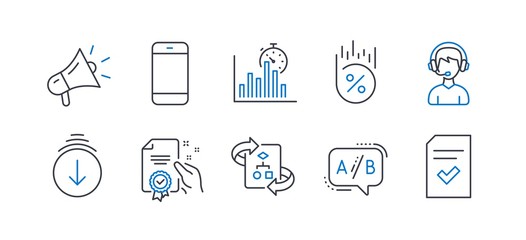 Poster - Set of Technology icons, such as Scroll down, Smartphone, Certificate, Ab testing, Megaphone, Report timer, Loan percent, Technical algorithm, Consultant, Checked file line icons. Vector