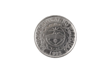 A close up image of a Filipino one piso coin isolated, close up in macro, on a white background