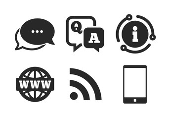 Poster - Smartphone and Q&A chat speech bubble symbols. Chat, info sign. Question answer icon. RSS feed and internet globe signs. Communication Classic style speech bubble icon. Vector