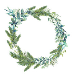 Watercolor Christmas tree and mistletoe wreath. Hand painted vintage round frame with branches, snowberry and leaves isolated on white background. Traditional decorative element