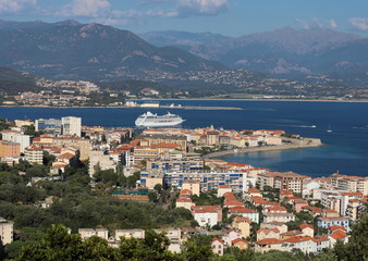 Wall Mural - Aerial view of Ajaccio, Corsica, France. The harbor area and city seen from the mountains.
