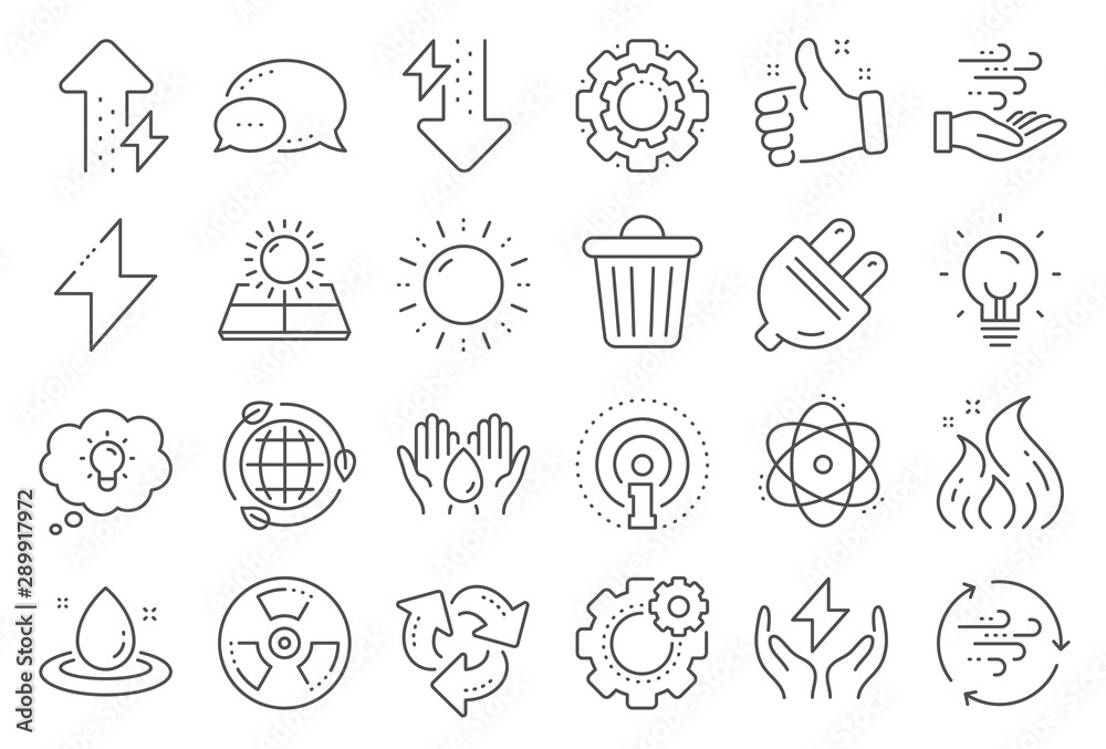 Energy line icons. Solar panels, wind energy and electric thunder bolt. Fire flame, hazard, green ecology icons. Electric plug, thunderbolt, recycling trash can. Solar power. Line signs set. Vector - obrazy, fototapety, plakaty 