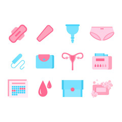 Sticker - Cartoon Color Feminine Hygiene Products Icon Set. Vector