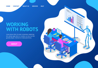 Sticker - Robot and Human Working Concept Landing Web Page Template. Vector