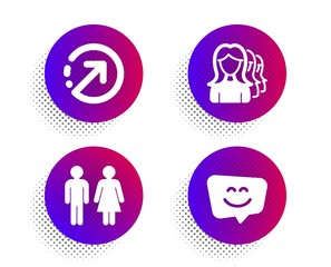 Poster - direction, restroom and women headhunting icons simple set. halftone dots button. smile face sign. n