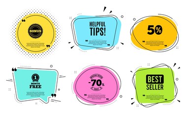 Aufkleber - Helpful tips symbol. Best seller, quote text. Education faq sign. Help assistance. Quotation bubble. Banner badge, texting quote boxes. Helpful tips text. Coupon offer. Vector