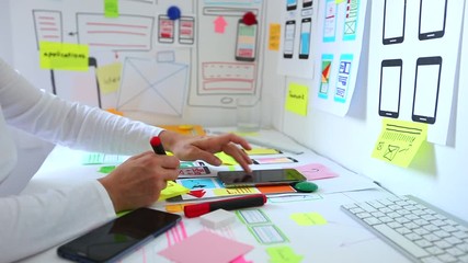 Aufkleber - Web designer is developing an application for mobile phones. Creating a layout of the user interface functions of smartphones.  