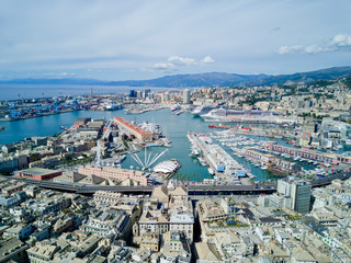 Aerial photo shooting with drone of Genova, a famous Italy city, important hub of maritime trade and tourist art