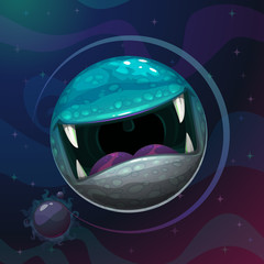 Canvas Print - Cartoon fantasy monster planet with giant scary mouth on cosmic background.