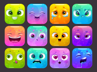 Sticker - Funny carton square faces set. Colorful emoji stickers, isolated GUI assets on dark background.