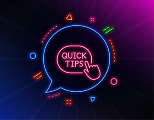 Poster - quick tips click line icon. neon laser lights. helpful tricks sign. glow laser speech bubble. neon l