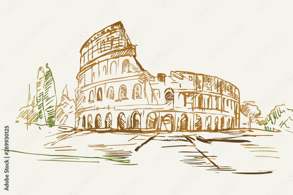 Rysynek ręcznie rysowany. Widok na koloseum w Rzymie - obrazy, fototapety, plakaty 