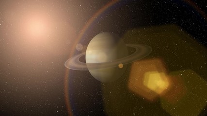 Wall Mural - beautiful planet saturn and rings 3d rendering. rising sun near saturn with sun flare, gas planet is