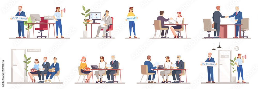 HR agency flat vector illustrations set. Staff search, recruitment. Resume review, interviewing candidates. Help people find work. Employers, recruiters, job seekers isolated cartoon characters - obrazy, fototapety, plakaty 