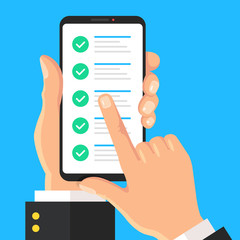 Poster - Checklist on phone screen. Hand holding mobile phone with check marks. Online survey, questionnaire, quiz, form with checkmarks concepts. Flat design. Vector illustration