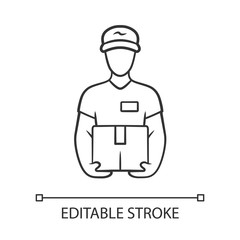 Deliveryman with parcel linear icon. Courier holding cardboard box. Postman with package. Delivery, postal service. Express shipping. Contour symbol. Vector isolated outline drawing. Editable stroke