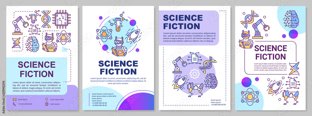 Science fiction book brochure template. Sci fi literature. Flyer, booklet, leaflet print, cover design with linear illustrations. Vector page layouts for magazines, annual report, advertising poster - obrazy, fototapety, plakaty 