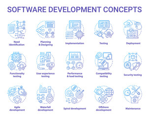 Wall Mural - Software development concept icons set. Designing, programming, testing, fixing and maintaining programs. App creation idea thin line illustrations. Vector isolated outline drawings