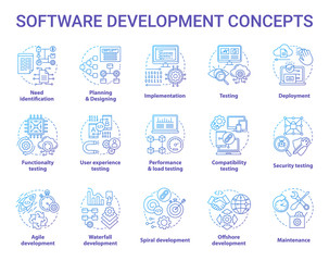 Software development concept icons set. Designing, programming, testing, fixing and maintaining programs. App creation idea thin line illustrations. Vector isolated outline drawings