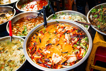 delicious fresh street food in Thailand - top view - Thai Curry, Tamarind, Tom Yam, Shrimp, Pork, Pad Thai