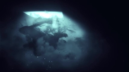 Wall Mural - Dark Fetal Figure in Glowing Light and Smoke 4K Loop features the body of a child writhing in smoke tendrils with a glowing light shining down from above in a loop