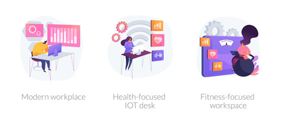 Canvas Print - Professional workspace icons set. Smart personal space, employee care. Modern workplace, health-focused IOT desk, fitness-focused workspace metaphors. Vector isolated concept metaphor illustrations