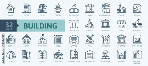 Cuadros en Lienzo Building minimal thin line web icon set