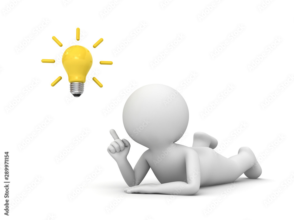 3d man lying on his stomach and pointing finger to the bright idea bulb isolated over white background with shadow 3D rendering - obrazy, fototapety, plakaty 