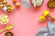 © 9dreamstudio - Baking frame. Ingredients and utensil on pink background top view space for text