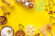 © 9dreamstudio - Kitchen frame. Dough ingredients and crockery on yellow background top view copy space