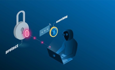 Protection system Progress upload and download data information in cloud for hacker. 3d isometric flat design.