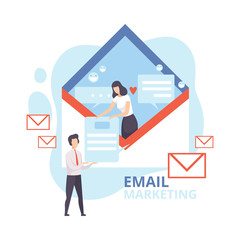 Sticker - Email Marketing, Advertising Campaign, Newsletter Marketing, Reaching Target Audience with Emails Flat Vector Illustration