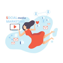 Poster - Social Media Marketing, Young Woman Working on Content Engagement, Network Business Strategy, Online Promotion Flat Vector Illustration